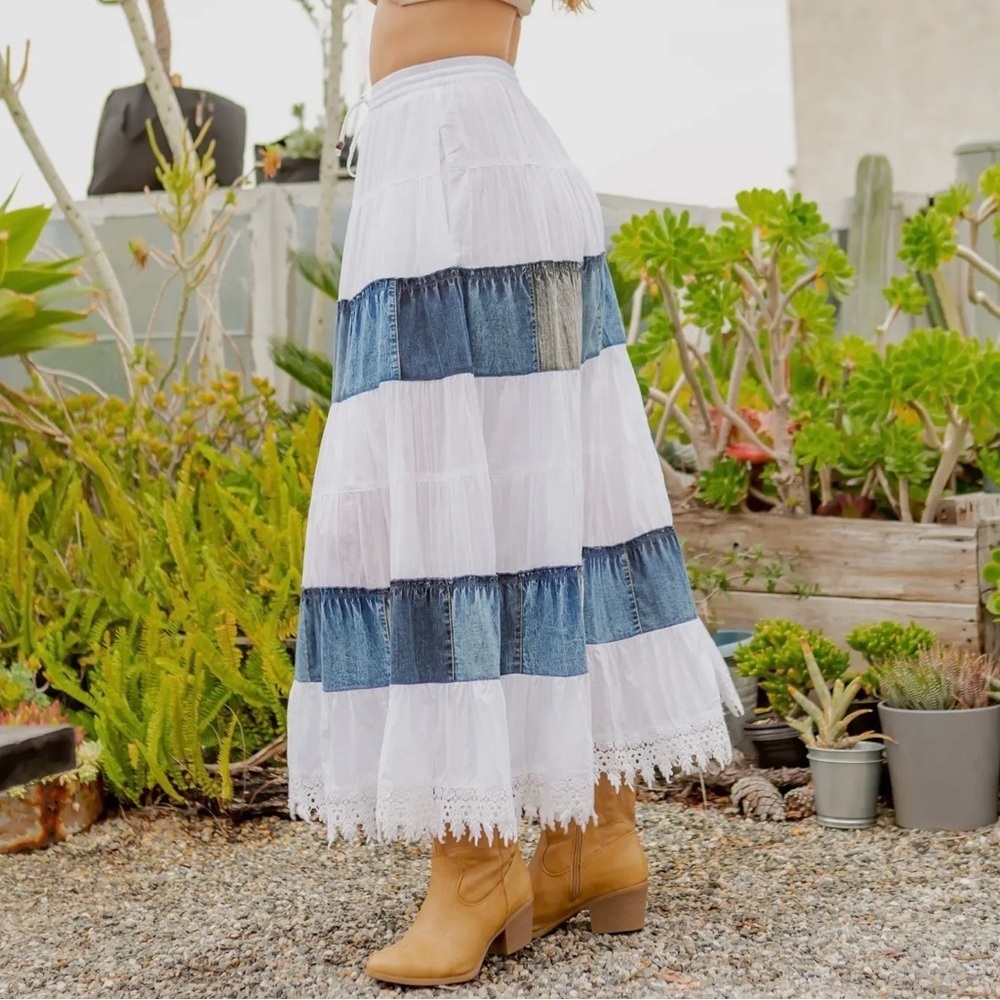 Bohemian White and Denim Tiered Maxi Skirt - Picture 4 of 7